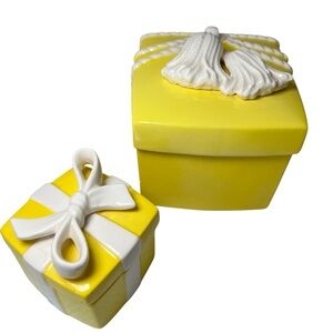 Set of 2 Fitz and Floyd Yellow Trinket Boxes RARE White Tassel on Lid + Gift Box